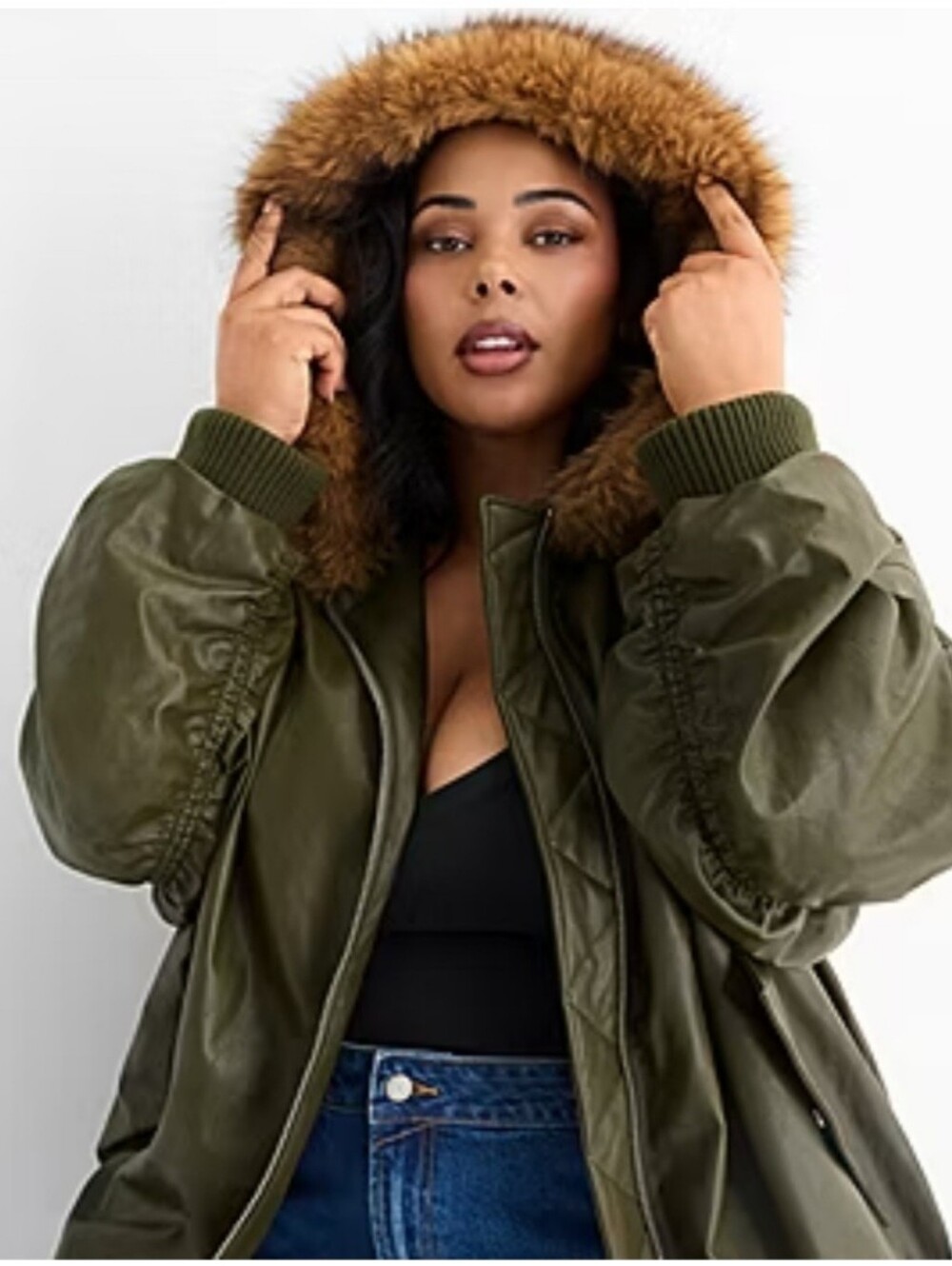 Ashley Graham Faux Leather Bomber Moto Jacket Fur Collar Olive Size 3X NEW - Picture 2 of 16
